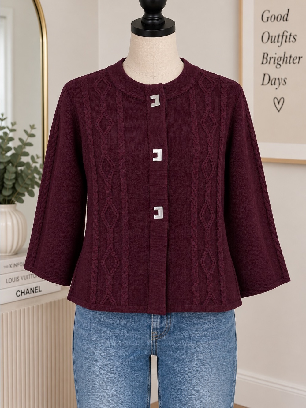 Madison Burgundy Cable-Knit Button-Front Cardigan